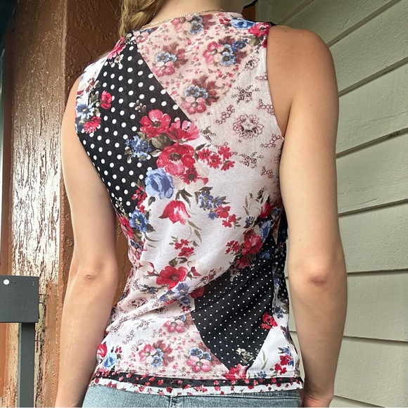 Tank Top Patchwork Flower Polka Dot Multi Color Soft Girl Y2K 2000’s Office Chic - Picture 3 of 3